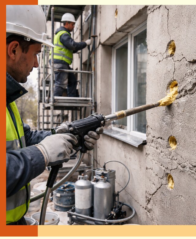 Заполнение пустот в фасаде и утепление стен в Дюртюли